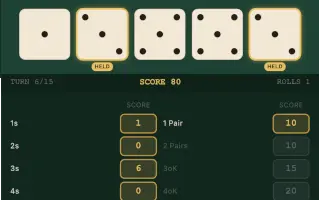 YATZY dice poker game board with five dice